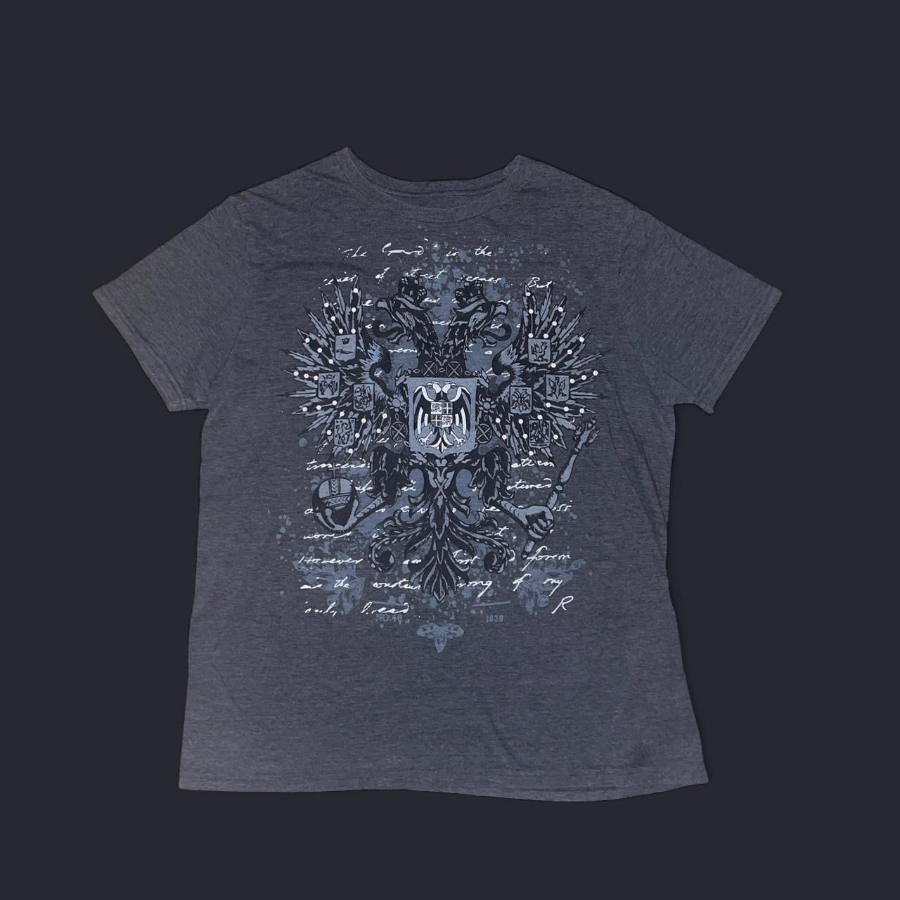 Y2K Vintage Graphic Tee – Shirts Happen Distressed Double Eagle Design (Size L)