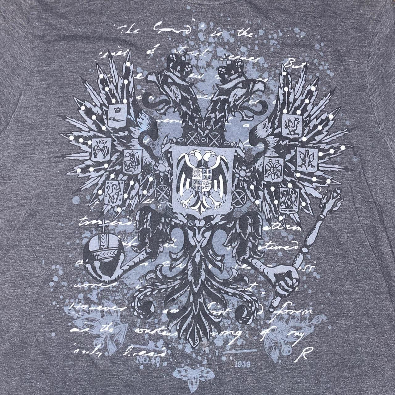 Y2K Vintage Graphic Tee – Shirts Happen Distressed Double Eagle Design (Size L)