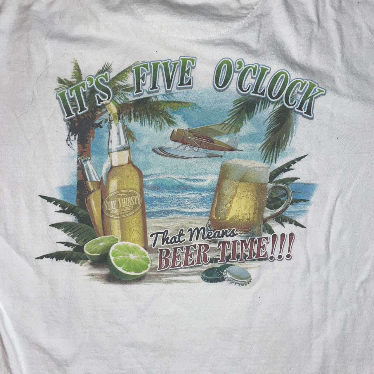 Vintage Newport Blue “It’s Five O’Clock Beer Time” Graphic Tee – White (L)
