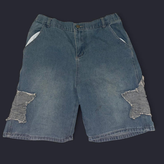 Y2K Star Patch Denim Shorts | Distressed 2000s Streetwear Style