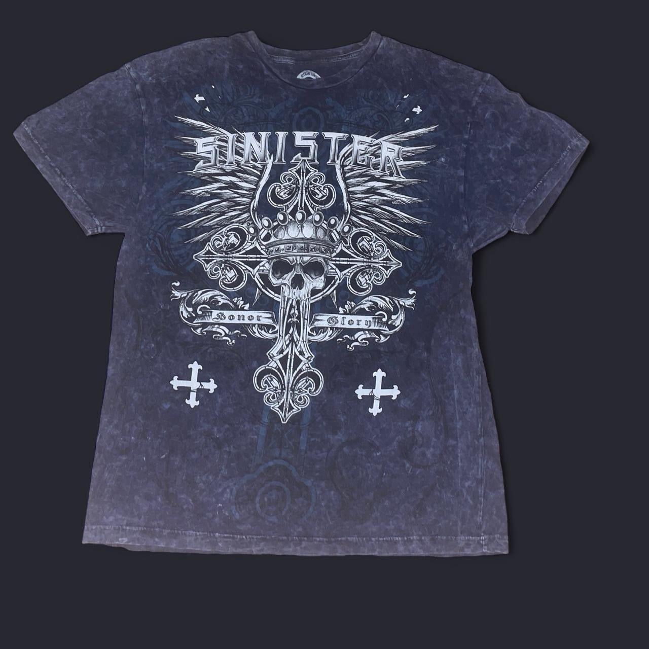 Y2K Sinister Brand “Honor & Glory” Gothic Biker Graphic Tee | Skull & Wings Design
