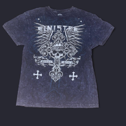 Y2K Sinister Brand “Honor & Glory” Gothic Biker Graphic Tee | Skull & Wings Design