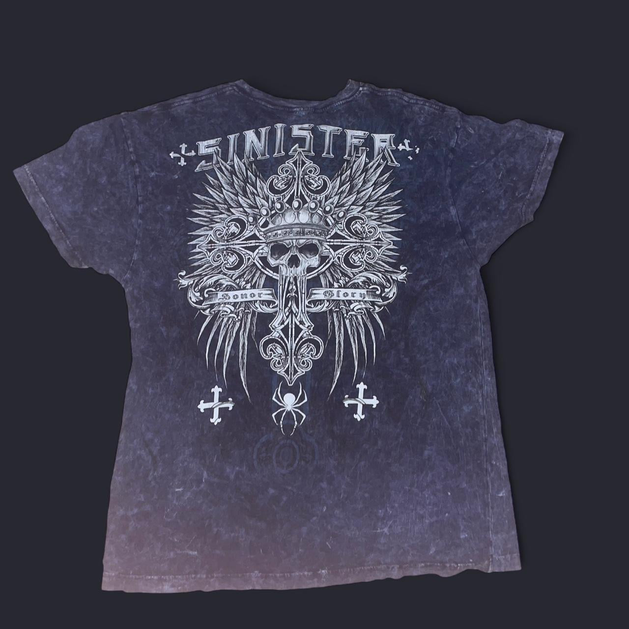 Y2K Sinister Brand “Honor & Glory” Gothic Biker Graphic Tee | Skull & Wings Design